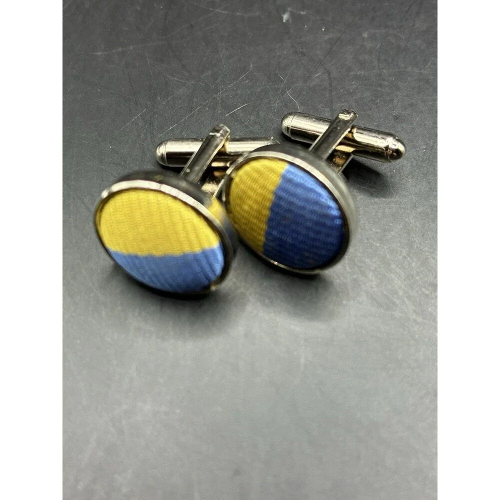 Vintage Silver Tone Cufflinks Blue Gold Woven Fabric Inlay Round Mid Century